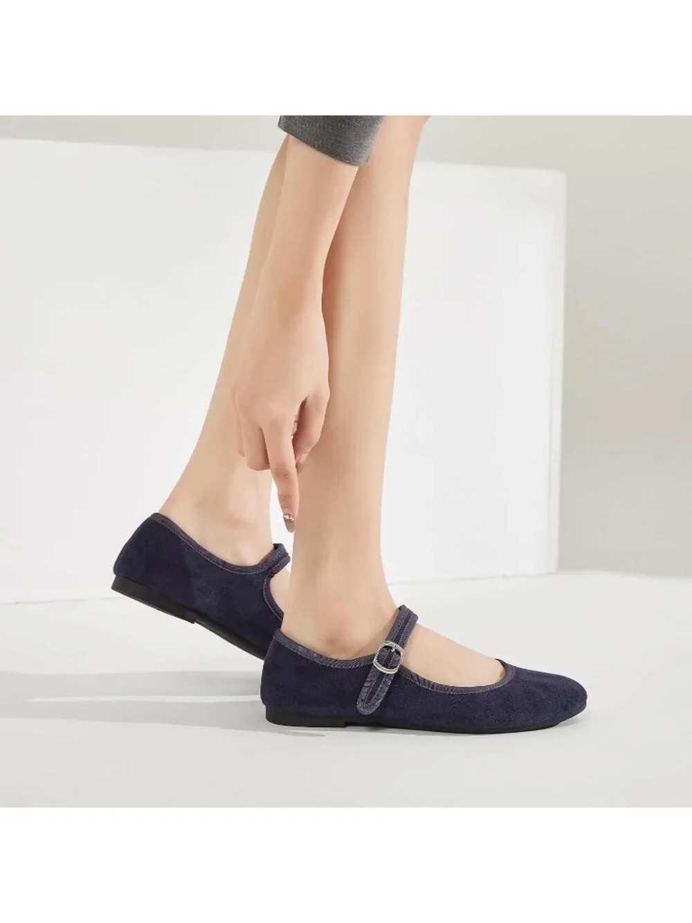 Women's Navy Mary Jane with Strap Faux Suede Black Flats Shoes Comfortable